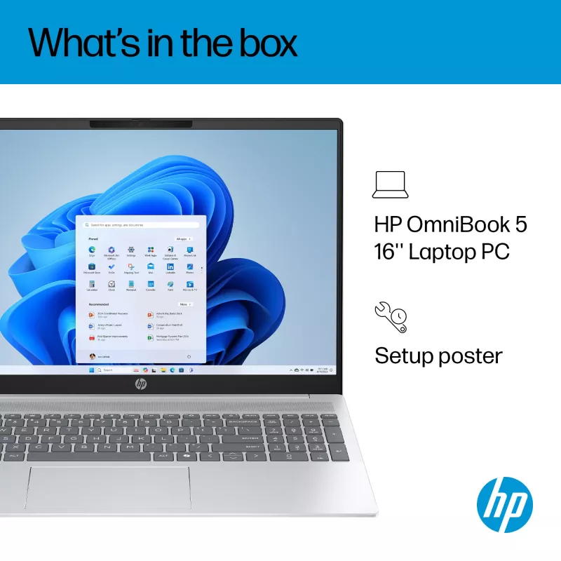 HP OmniBook 5 16-ba1004na Intel® Core™ i5 i5-1334U sülearvuti 40,6 cm (16-tolline) 2K 16 GB LPDDR5x-SDRAM 512 GB SSD Wi-Fi 6 (802.11ax) Windows 11 Home Hõbedane