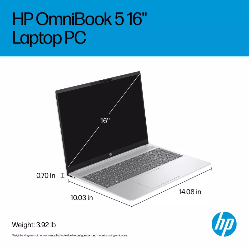HP OmniBook 5 16-ba1005na Intel® Core™ i3 i3-1315U sülearvuti 40,6 cm (16 tolli) 2K 8 GB LPDDR5-SDRAM 512 GB SSD Wi-Fi 6 (802.11ax) Windows 11 Home hõbedane
