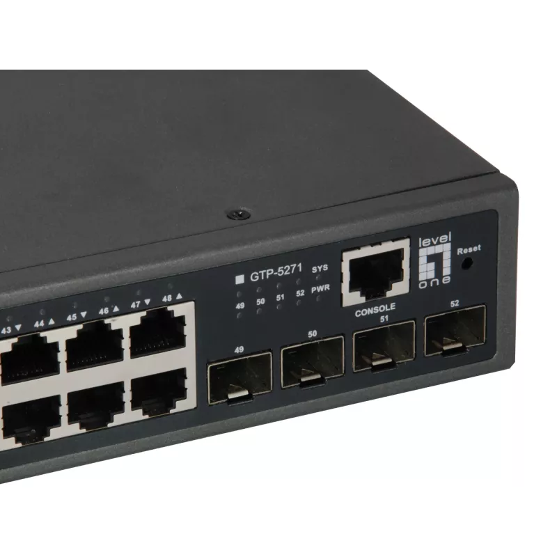 LevelOne 52-pordine L3 Lite hallatav gigabit PoE lüliti, 4 x 10GbE SFP+, 48 PoE väljundit, 400W PoE võimsuseelarve