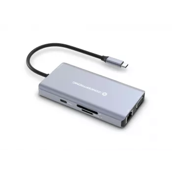 Conceptronic DONN20G 10-in-1 USB 3.2 Gen 1 dokkimisjaam, HDMI, VGA, USB-A 5 Gbps, USB-C 5 Gbps, SD, TF/MicroSD, heli, GbE LAN, 100 W USB PD