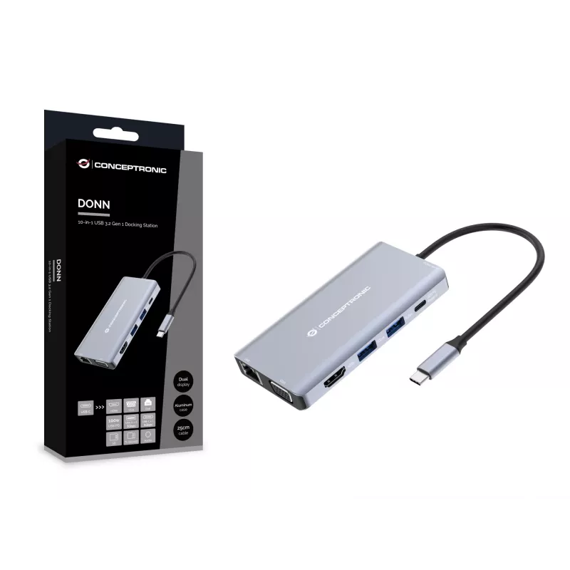 Conceptronic DONN20G 10-in-1 USB 3.2 Gen 1 dokkimisjaam, HDMI, VGA, USB-A 5 Gbps, USB-C 5 Gbps, SD, TF/MicroSD, heli, GbE LAN, 100 W USB PD