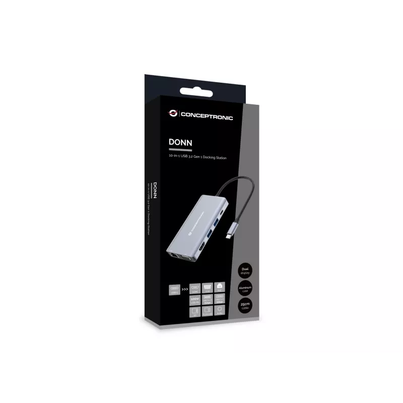 Conceptronic DONN20G 10-in-1 USB 3.2 Gen 1 dokkimisjaam, HDMI, VGA, USB-A 5 Gbps, USB-C 5 Gbps, SD, TF/MicroSD, heli, GbE LAN, 100 W USB PD