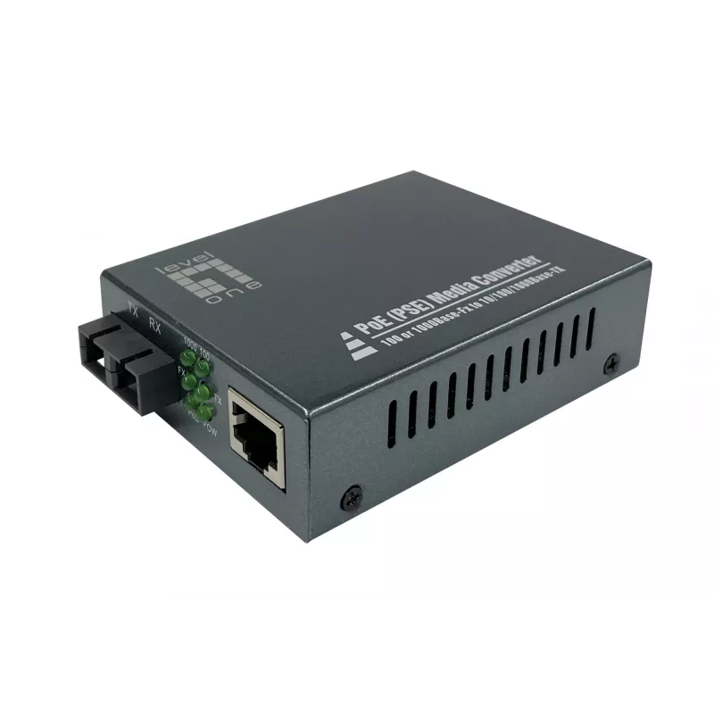 LevelOne RJ45–SC gigabit-meediumimuundur, PoE PSE, ühemoodiline fiiber, 20 km