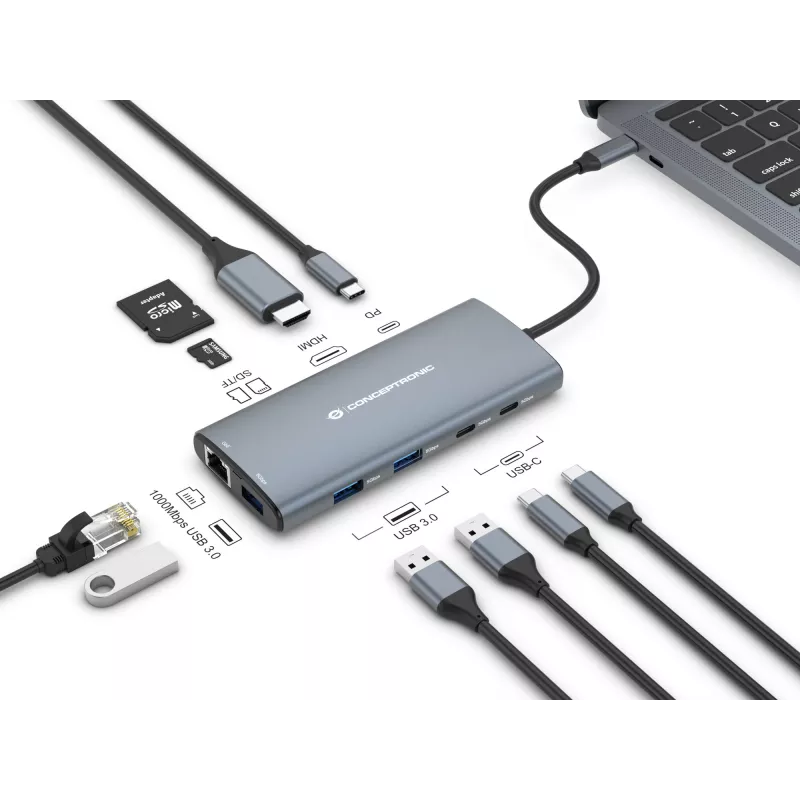 Conceptronic DONN06G 10-in-1 USB 3.2 Gen 1 dokkimisjaam, HDMI, 100 W USB PD, USB-C 5 Gbit/s x 2, USB-A 5 Gbit/s x 3, SD, TF/MicroSD, GbE