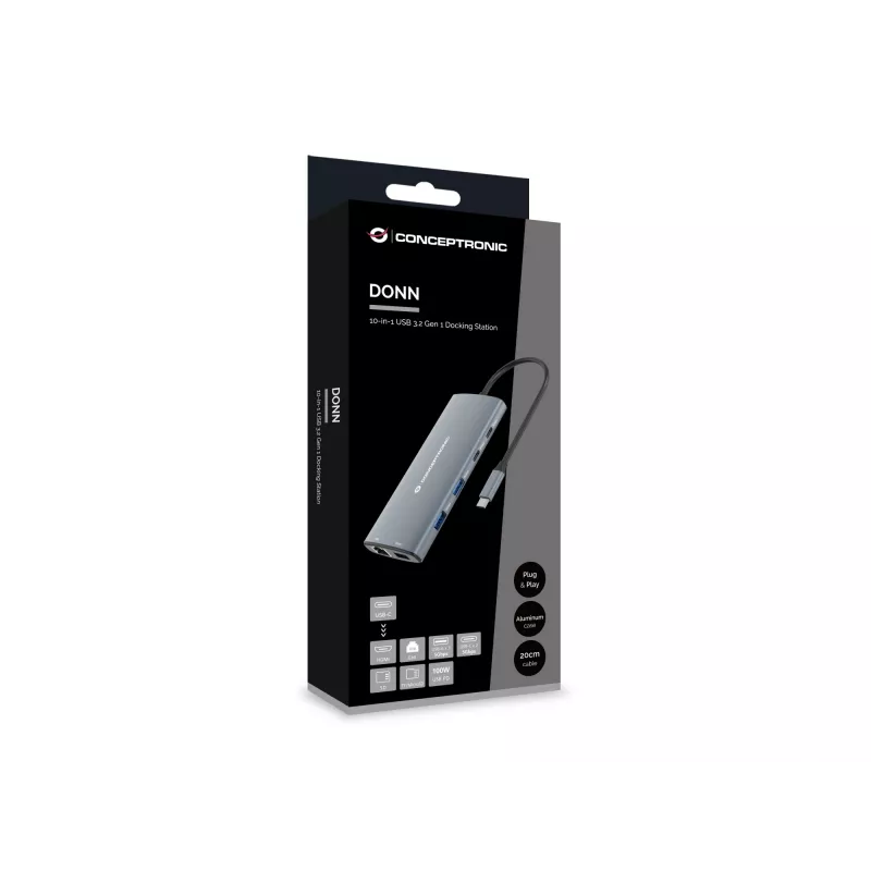 Conceptronic DONN06G 10-in-1 USB 3.2 Gen 1 dokkimisjaam, HDMI, 100 W USB PD, USB-C 5 Gbit/s x 2, USB-A 5 Gbit/s x 3, SD, TF/MicroSD, GbE