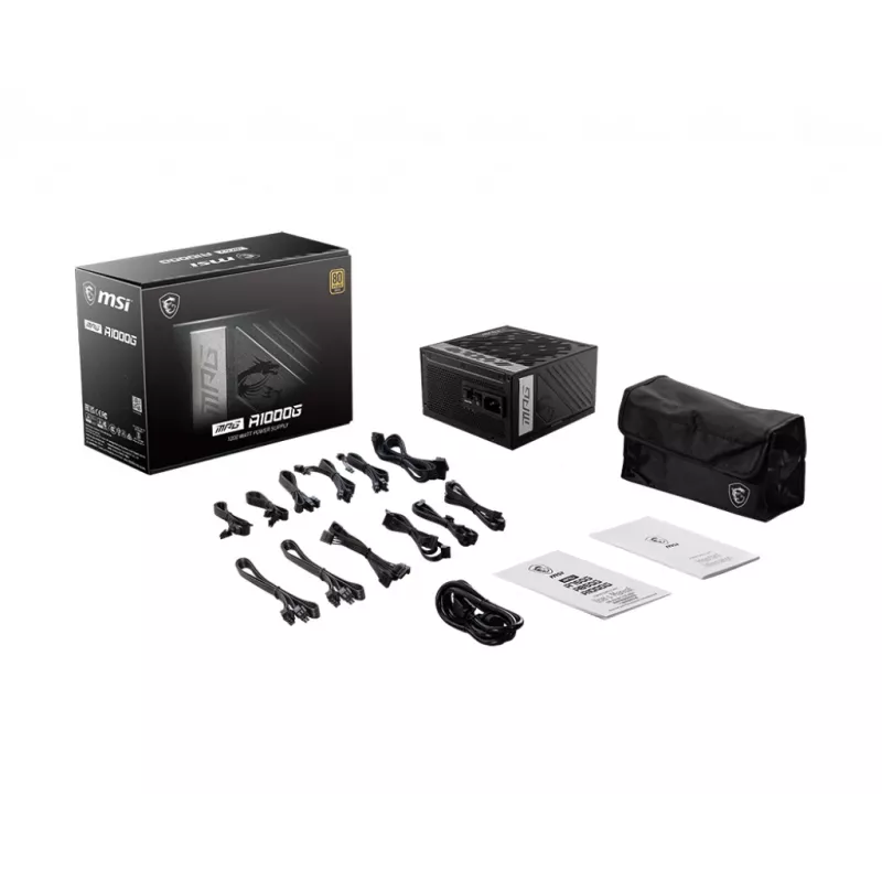 MSI MPG A1000G UK toiteplokk '1000W, 80 Plus Gold sertifitseeritud, täismodulaarne, 100% Jaapani kondensaatorid, lamedad kaablid, ATX toiteplokk, Ühendkuningriigi toitejuhe, must, toetab uusimat GPU-d'