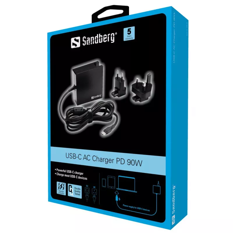 Sandberg USB-C PD vahelduvvoolulaadija 90 W EU+UK, siseruumides, vahelduvvool, 20,2 V, 4,5 A, 1,8 m, must