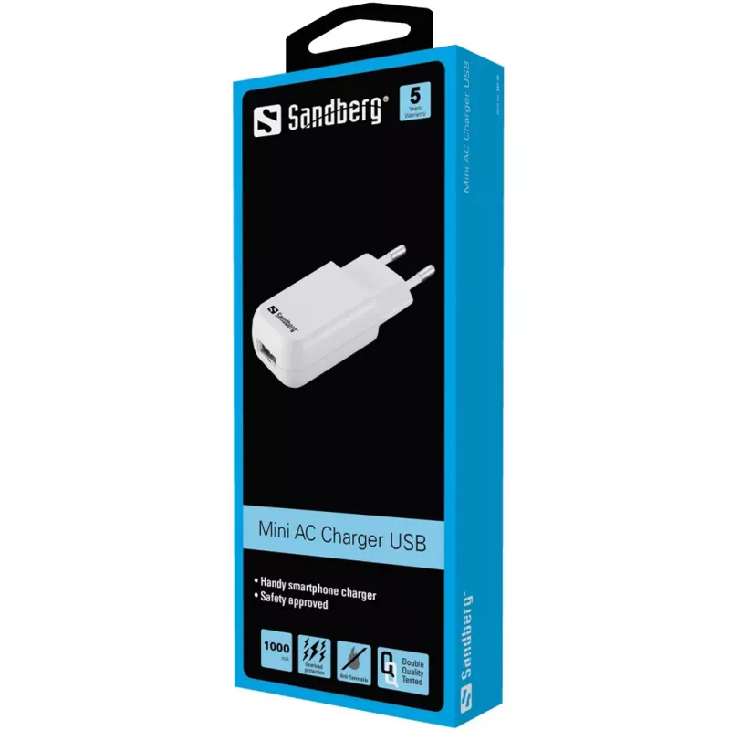 Sandberg Mini AC laadija USB 1A EU, siseruumidesse, vahelduvvool, 5 V, must, valge