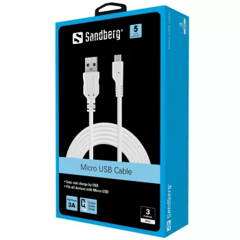 Sandberg MicroUSB sünkroonimis-/laadimiskaabel 3 m, 3 m, USB A, Micro-USB B, USB 2.0, isane/isane, valge