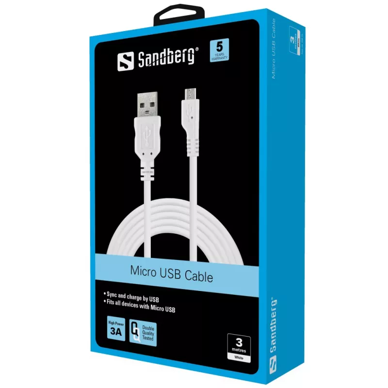 Sandberg MicroUSB sünkroonimis-/laadimiskaabel 3 m, 3 m, USB A, Micro-USB B, USB 2.0, isane/isane, valge