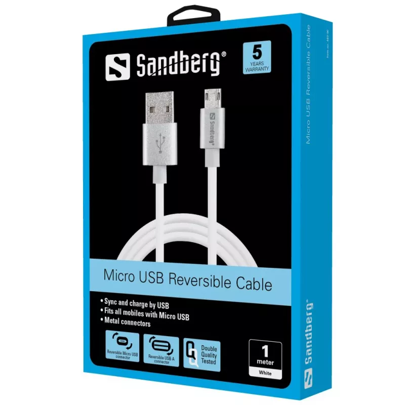 Sandberg MicroUSB pööratav kaabel 1m, 1 m, USB A, Micro-USB A, hõbedane, valge