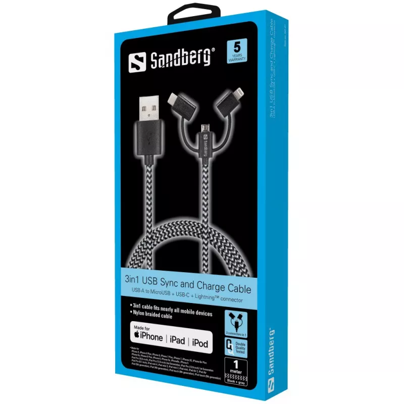 Sandberg 3in1 Lightning+MicroUSB+USB-C 1m, 1 m, Micro-USB A, USB A, isane/isane, must, hall