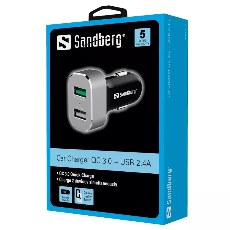Sandbergi autolaadija 1xQC 3.0+1xUSB2.4A, automaatne, sigaretisüütaja, 12 V, alumiinium, must