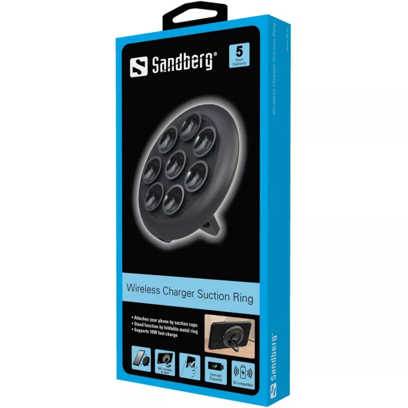 Sandberg Wireless Charger Suction Ring, Indoor, Outdoor, USB, Wireless charging, PowerIQ, Must