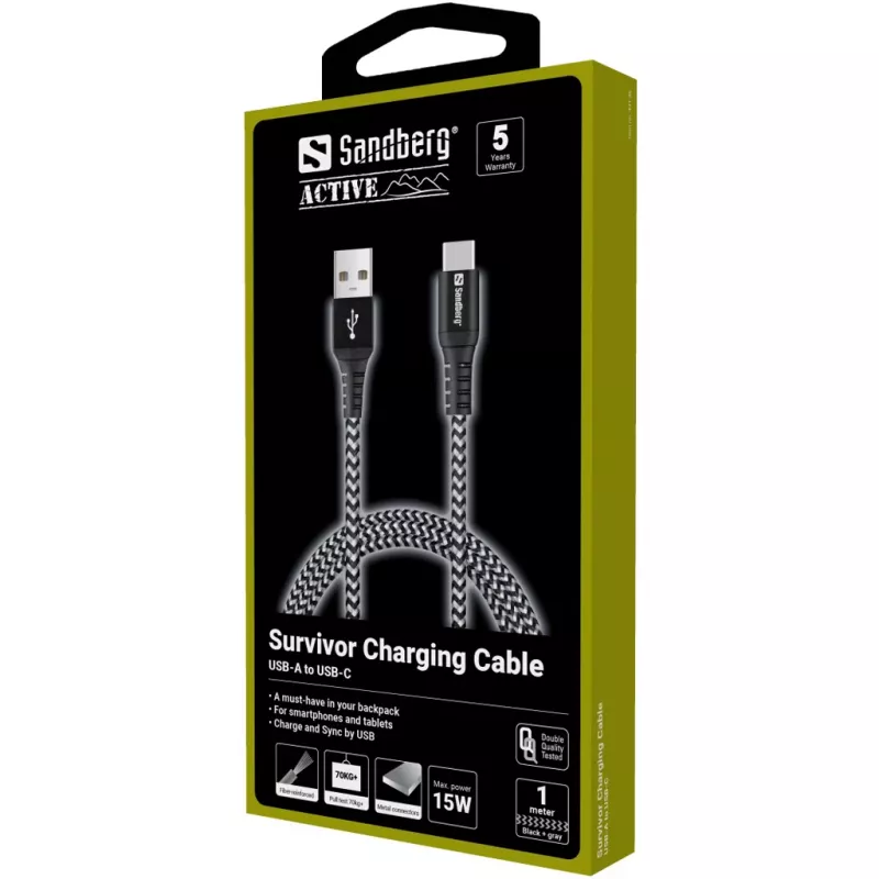 Sandberg Survivor USB-C-USB-A-kaabel 1M, 1 m, USB A, USB C, USB 2.0, must, hall