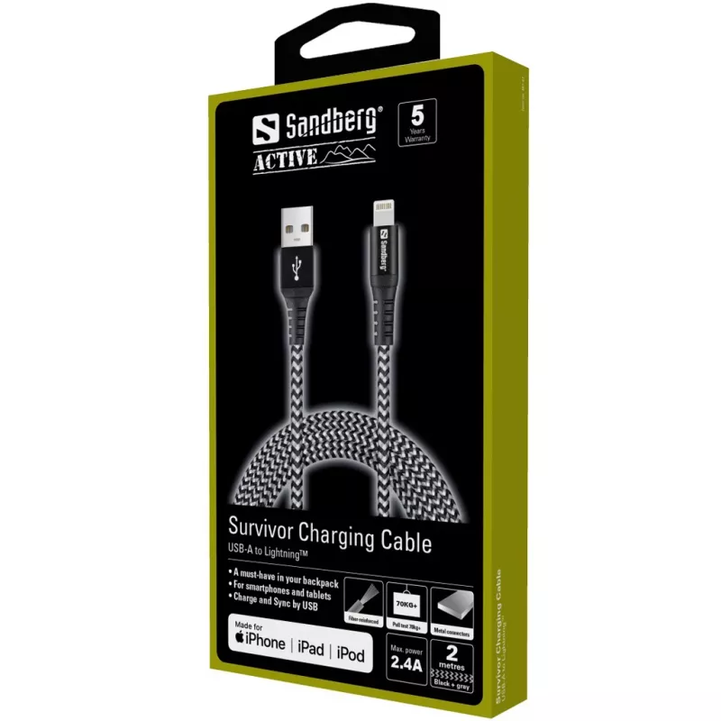 Sandberg Survivor Lightning-kaabel 2M, 2 m, Lightning, USB A, isane, isane, must, hall