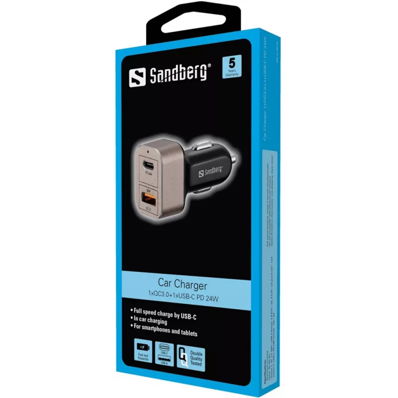 Sandbergi autolaadija 1xQC3.0+1xUSBC 24W, Auto, Sigaretisüütaja, 12 V, Must, Hall