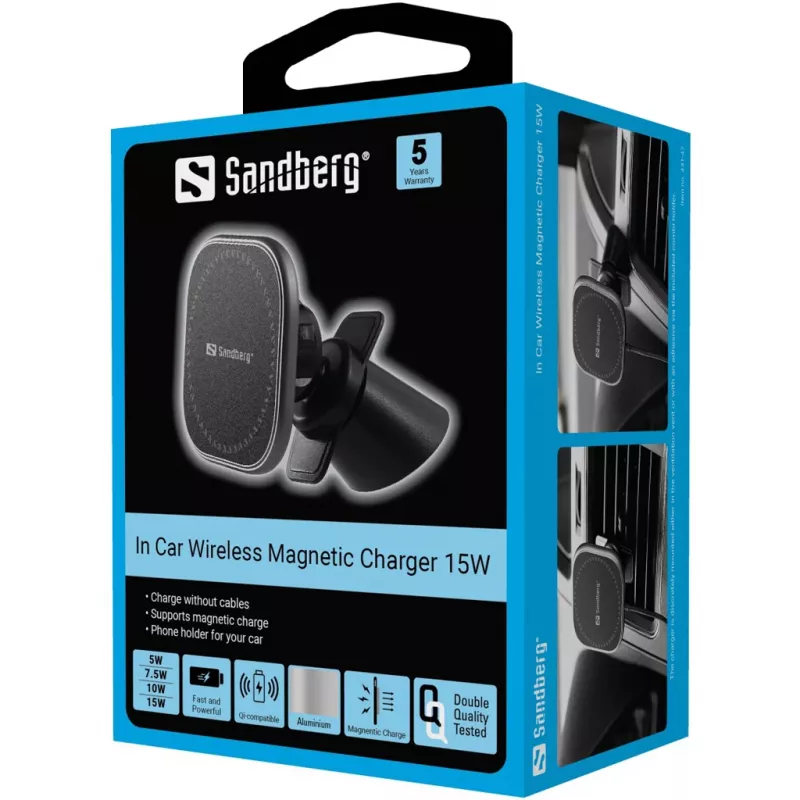 Sandberg In Car Magnetic Wireless Charger 15W, Auto, USB, juhtmevaba laadimine, 1,2 m, must