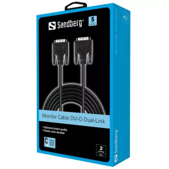 Sandberg Monitori kaabel DVI-DVI 2 m, 2 m, Must, Isane/Isane, 145 mm, 35 mm, 205 mm