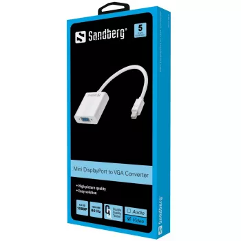 Sandbergi adapter Mini DisplayPort > VGA, Mini DisplayPort, VGA (D-Sub), isane, emane, 1920 x 1080 pikslit, 1920 x 1080 (HD 1080)