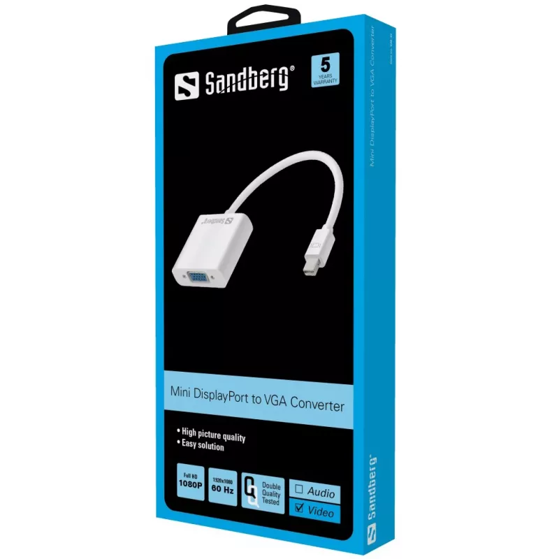 Sandbergi adapter Mini DisplayPort > VGA, Mini DisplayPort, VGA (D-Sub), isane, emane, 1920 x 1080 pikslit, 1920 x 1080 (HD 1080)