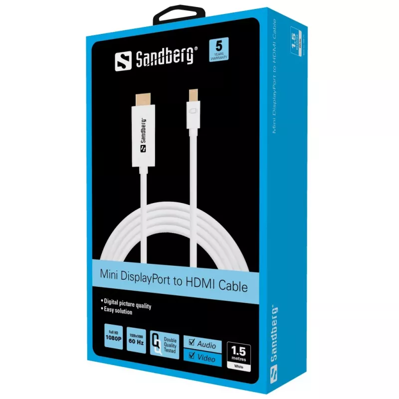 Sandberg kaabel MiniDP>HDMI 1.5m, 1,5 m, mini DisplayPort, HDMI, isane, isane, valge