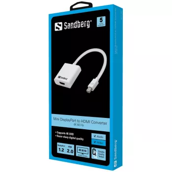 Sandberg Adapter MiniDP1.2>HDMI2.0 4K60, Mini DisplayPort, HDMI, isane, emane, 3840 x 2160 pikslit, 6 Gbit/s