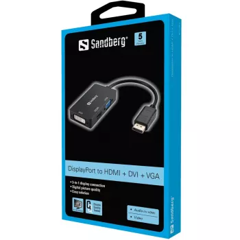 Sandberg Adapter DP>HDMI+DVI+VGA, 0,19 m, DisplayPort, VGA (D-Sub)+ HDMI + DVI, Isane, Emane, 3840 x 2160 pikslit