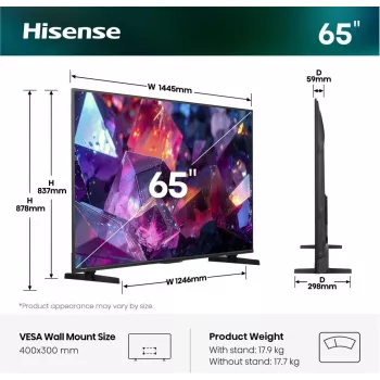 Hisense 65E7S PRO TV 165.1 cm (65 tolli) UHD+ nutiTV Wi-Fi must 350 cd/m²