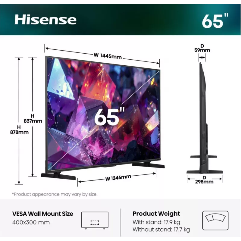 Hisense 65E7S PRO TV 165.1 cm (65 tolli) UHD+ nutiTV Wi-Fi must 350 cd/m²