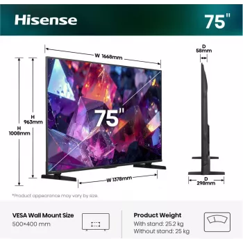 Hisense 75E7S PRO TV 190.5 cm (75 tolli) UHD+ nutiteler Wi-Fi must 350 cd/m²