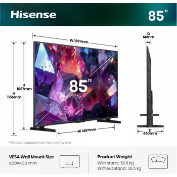 Hisense 85E7S PRO TV 2.16 m (85 tolli) UHD+ nutiteler Wi-Fi must 400 cd/m²