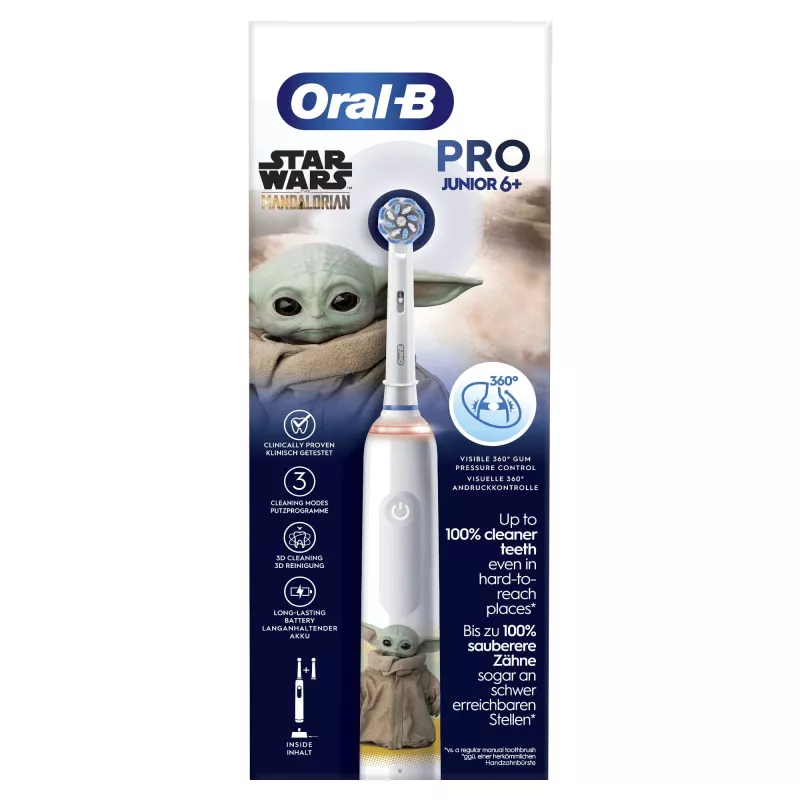 Oral-B PRO Junior Star Wars, Lapsele, Pöörlev hambahari, Igapäevane hooldus, Poleerimine, Tundlik, Mitmevärviline, Valge, 4 x 30 sek, Pehme