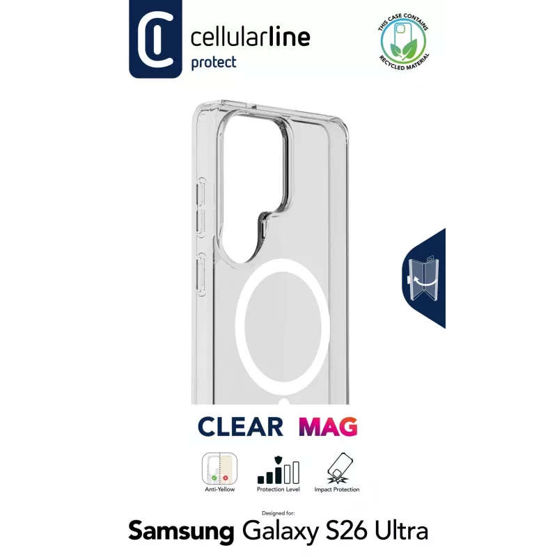 Cellularline Clear Mag - Galaxy S26 Ultra ülitugev läbipaistev ümbris kummist äärega, ühildub Qi2 ökosüsteemi ja magnetiliste tarvikutega, töödeldud kollasuse vältimiseks.