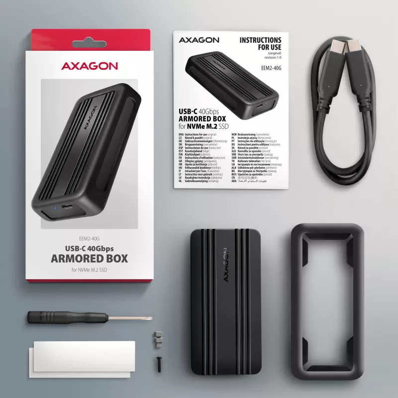 Axagon EEM2-40G USB-C 40Gbps M.2 NVMe SSD väliskorpus, ARMORED alumiinium