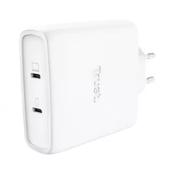 Laadija TRUST Maxo 100W 2-Port USB-C GaN — 100 W, 2x USB-C, 20 V max, vahelduvvool, siseruumidesse, 2 m kaabel, valge