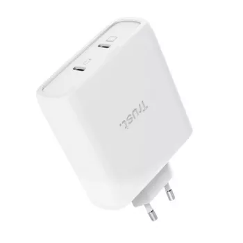 Laadija TRUST Maxo 100W 2-Port USB-C GaN — 100 W, 2x USB-C, 20 V max, vahelduvvool, siseruumidesse, 2 m kaabel, valge