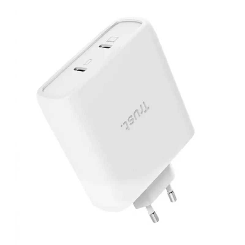 Laadija TRUST Maxo 100W 2-Port USB-C GaN — 100 W, 2x USB-C, 20 V max, vahelduvvool, siseruumidesse, 2 m kaabel, valge