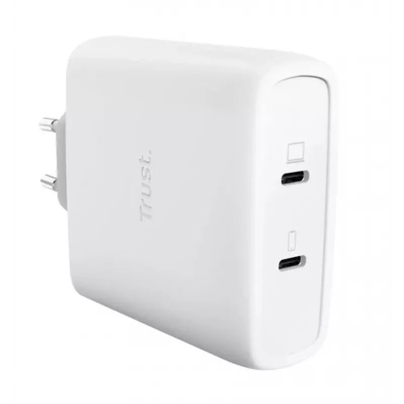 Laadija TRUST Maxo 100W 2-Port USB-C GaN — 100 W, 2x USB-C, 20 V max, vahelduvvool, siseruumidesse, 2 m kaabel, valge