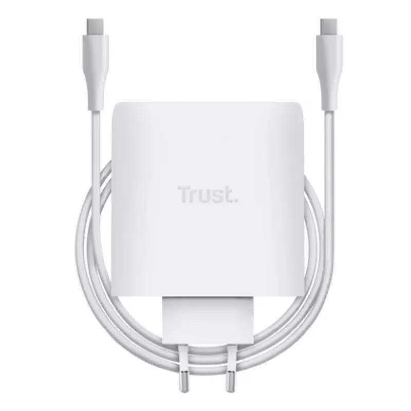 Laadija TRUST Maxo 100W 2-Port USB-C GaN — 100 W, 2x USB-C, 20 V max, vahelduvvool, siseruumidesse, 2 m kaabel, valge