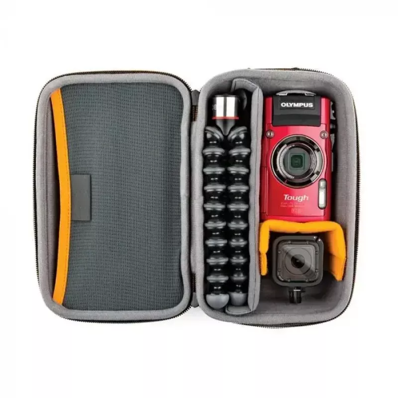 Kaameraümbris Lowepro HARDSIDE CS 60 — kõva kestaga kompaktümbris, 140×85×227 mm, must/oranž