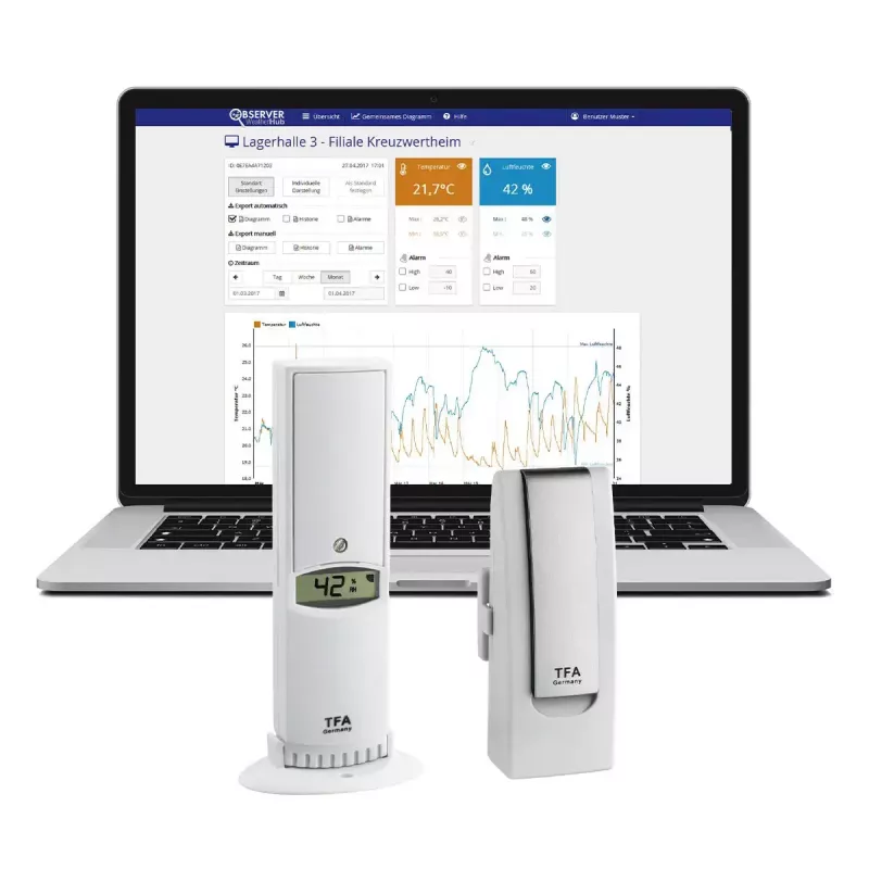 TFA Dostmann WeatherHub nutikodu traadita keskkonnaandur — niiskus ja temperatuur, Wi‑Fi, vahelduvvool/aku (AA), 40×28×104 mm