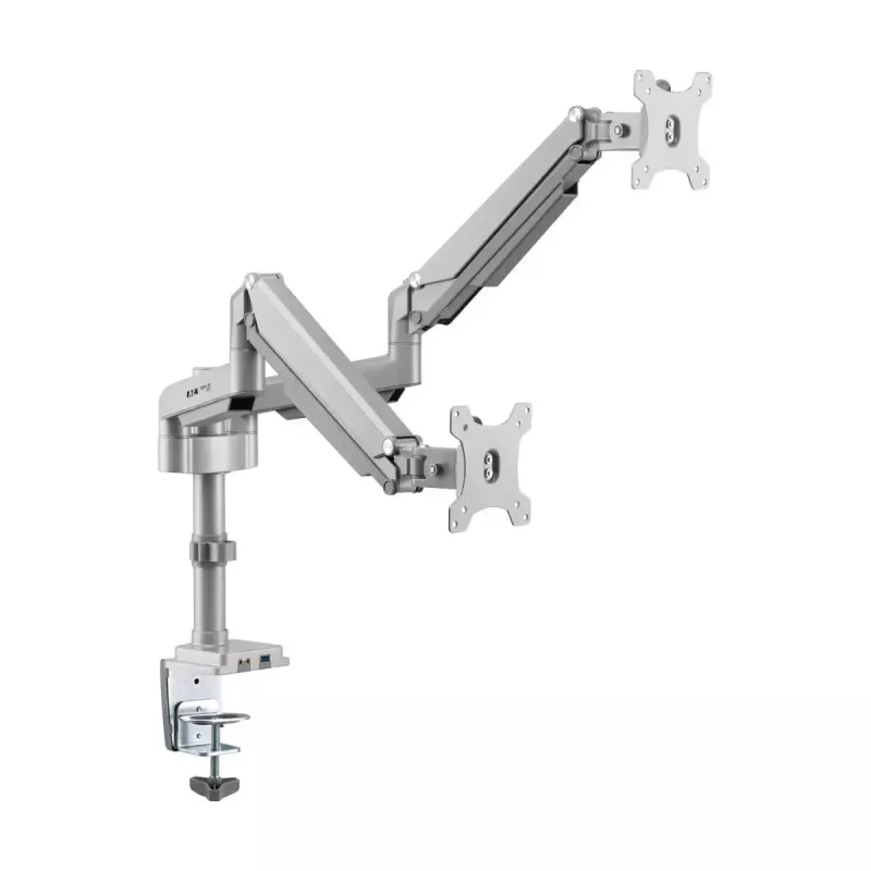 Kahe ekraaniga gaasivarrega monitorikinnitus Tripp Lite (EATON) DDR1732DAL 13–34-tollistele ekraanidele, klamber või läbiv polt, USB- ja helipordid, hõbedane