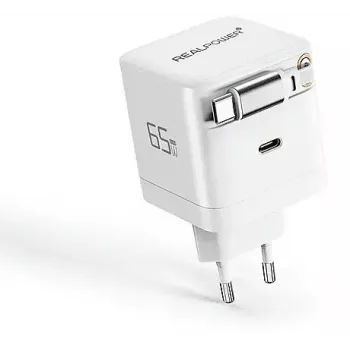 GaN Charger 65W by RealPower, 65 Watt, Dual USB-C ports, Valge