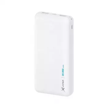 Akupank XLAYER 217286 — 20000 mAh LiPo, 2× USB-A, 1× USB-C, valge