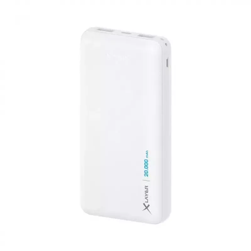 Akupank XLAYER 217286 — 20000 mAh LiPo, 2× USB-A, 1× USB-C, valge