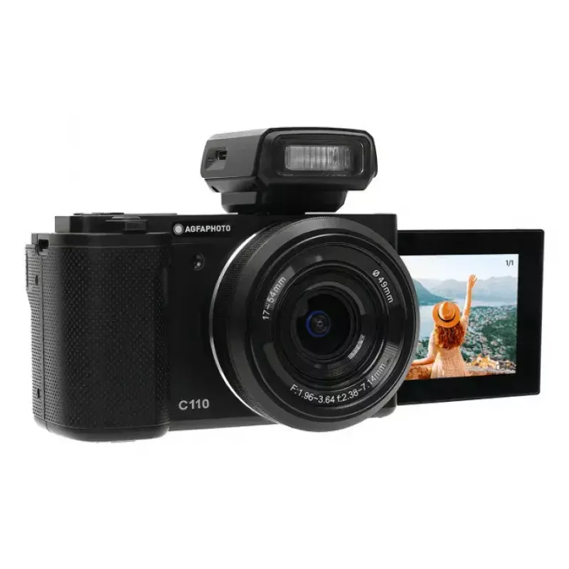 Kompaktkaamera AgfaPhoto Realishot C110 — 24 MP, 1/3,06-tolline CMOS, 3x optiline suum, 4K, Wi‑Fi, 2,8-tolline puuteekraan, must