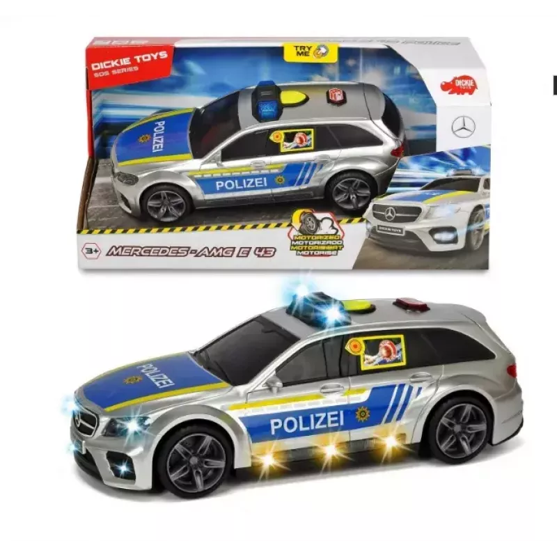 Car Dickie Toys Mercedes Benz E43 AMG Police Must Sinine Hõbedane Kollane