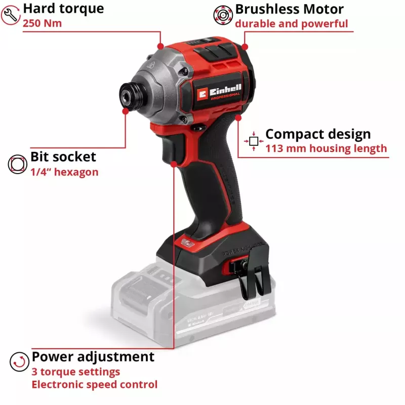 Juhtmevaba löökvõti EINHELL TP-CI 18/250-C Li BL, 18 V, harjadeta – ainult korpus (ilma aku/laadijata)