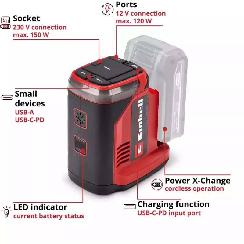 Kaasaskantav akuenergiajaam EINHELL TE-ES 18/150/1 Li-C-Solo — mobiilne toiteallikas 18 V akudele